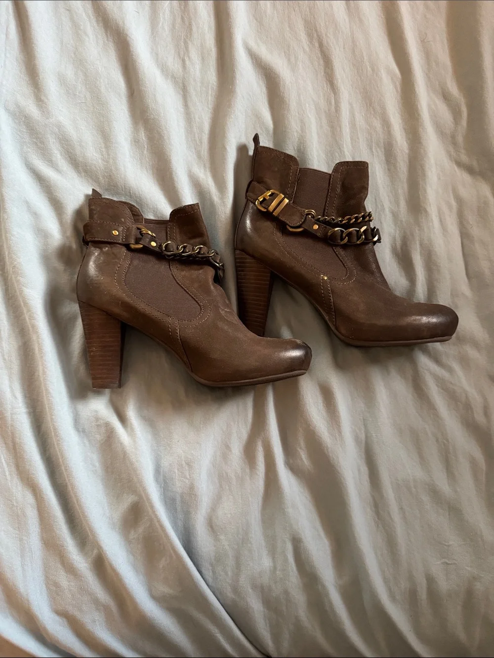 Nicole Miller Brown Leather Ankle Booties with Chain & Buckle